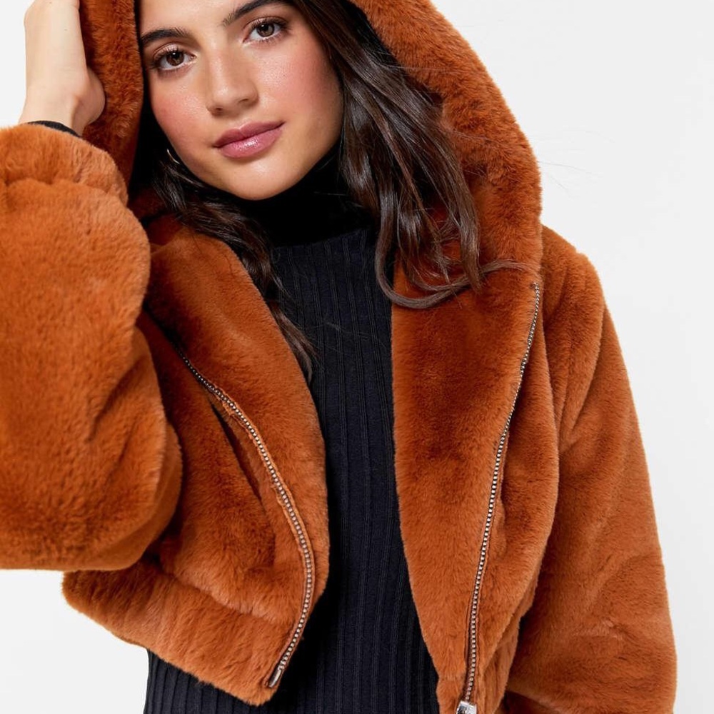 Faux Fur Hooded Cropped Jacket- Urban Outfitters, Size S